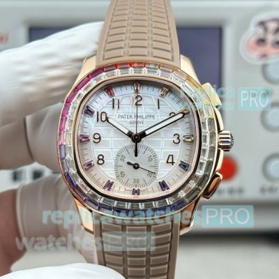 PPM Luxury Reissue Patek Philippe Rainbow Aquanaut Luce Beige Rubber Strap Watch 
